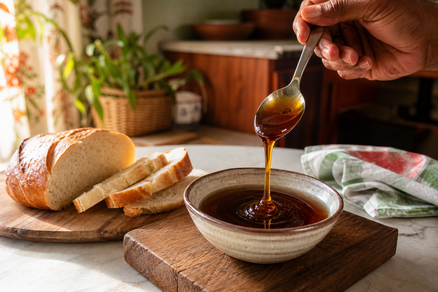 Honey served at a kitchen table