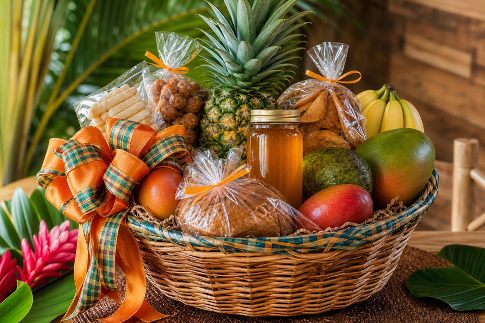 Honey bottle in a Caribbean gift hamper