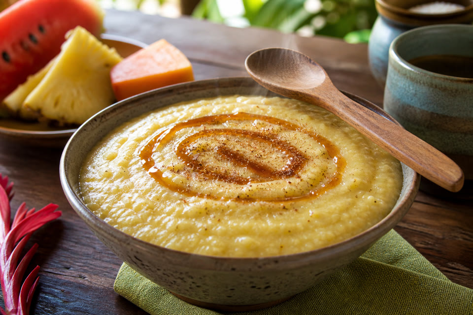 Dark honey swirled on hot cornmeal porridge