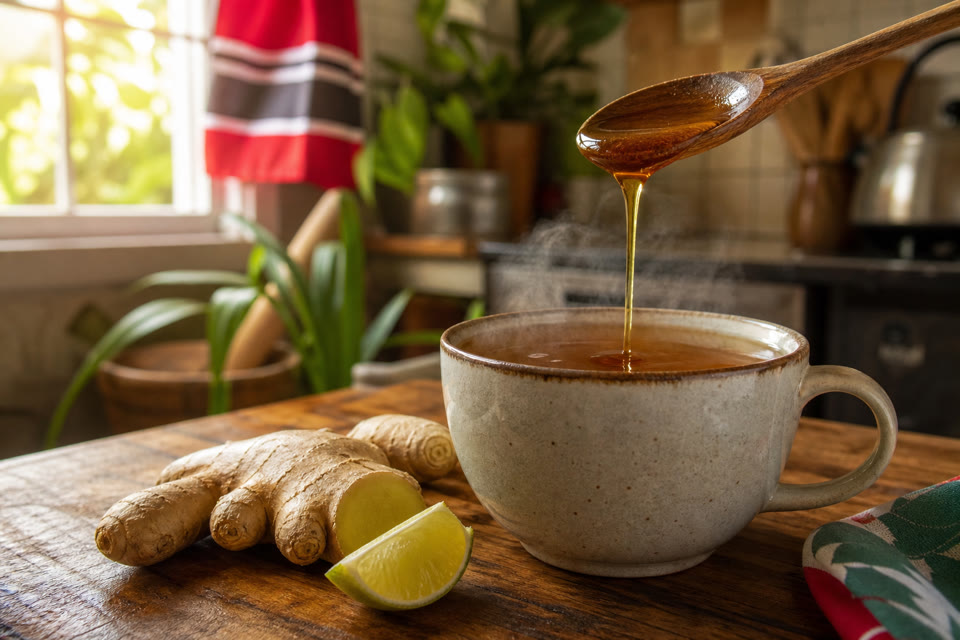 Honey stirred into hot ginger tea
